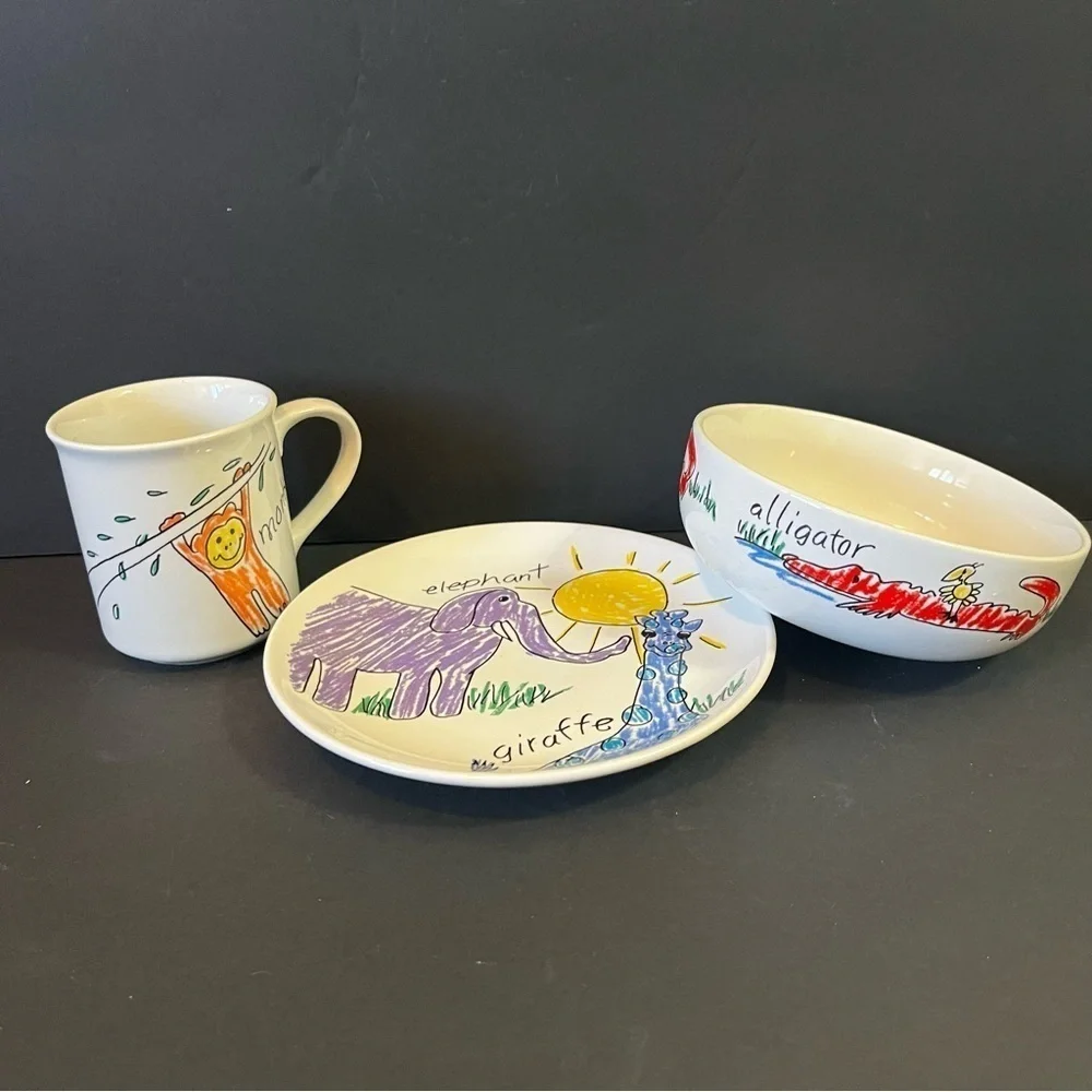 Pier 1 Childrens Dish Set: Jungle Animals Cup Bowl Plate Colorful Monkey Giraffe
